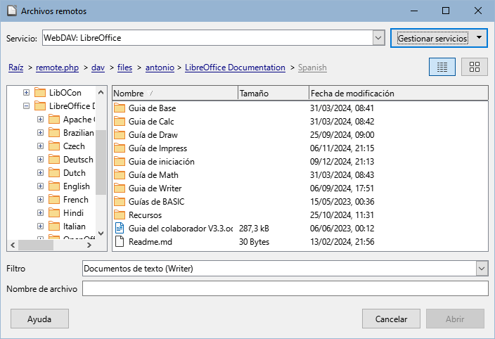 Diálogo Archivos remotos cuando está conectado a un servidor