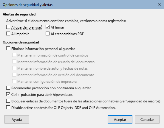 Diálogo Opciones de seguridad y alertas
