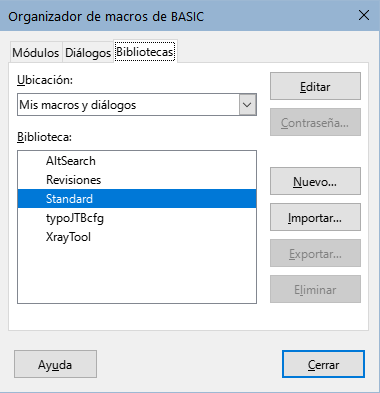Página Bibliotecas del diálogo Organizador de macros de BASIC