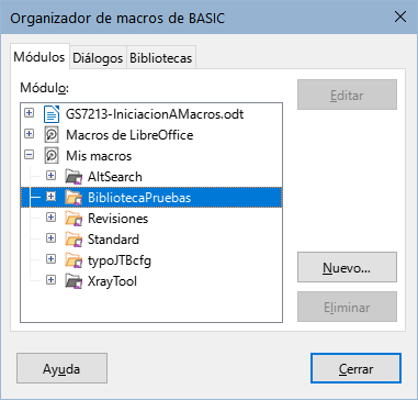 Página Módulos del diálogo Organizador de macros de BASIC