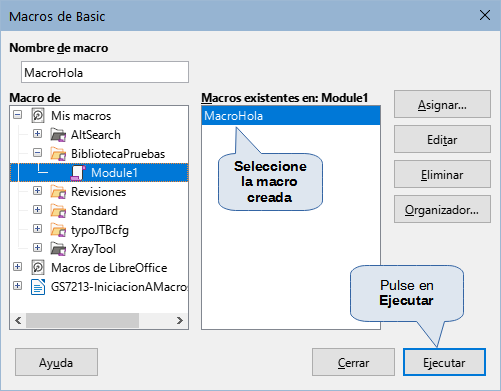 Diálogo para seleccionar y ejecutar macros