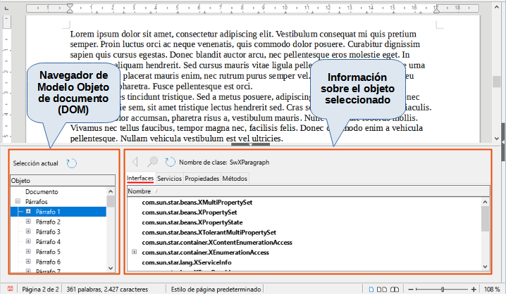 El Inspector de objetos UNO en un documento de Writer