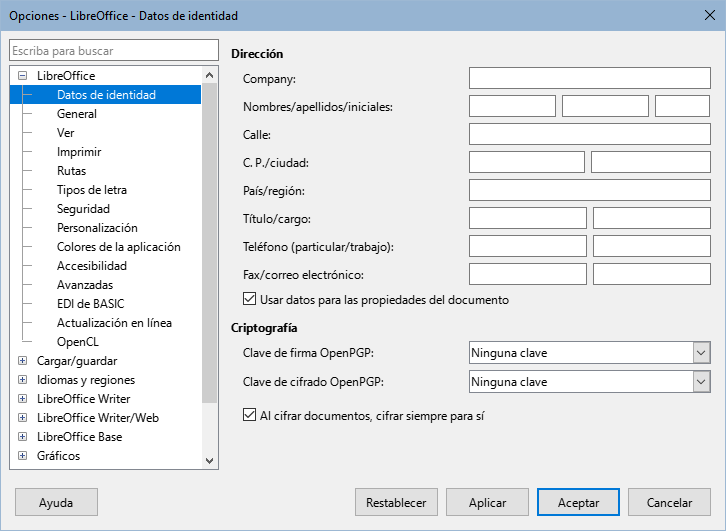 Dialogo Opciones,  página LibreOffice - Datos de identidad