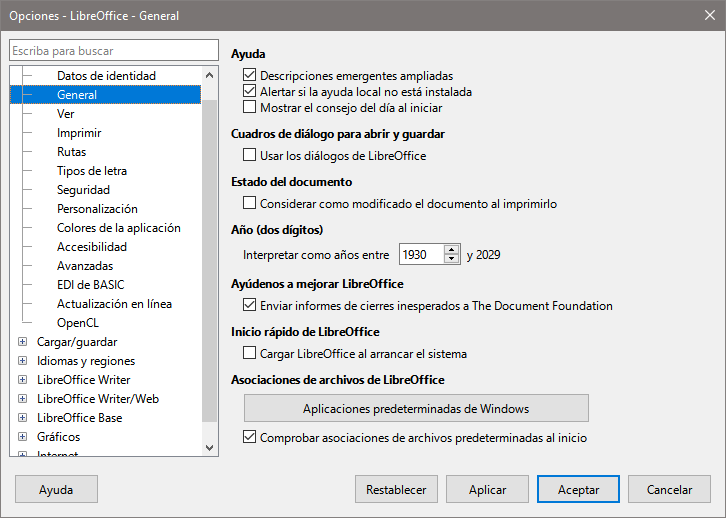 Dialogo Opciones, página LibreOffice - General