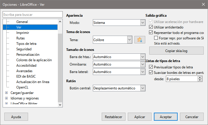 Dialogo Opciones, página LibreOffice - Ver