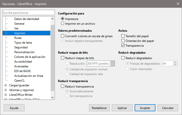 Dialogo Opciones, página LibreOffice - Imprimir