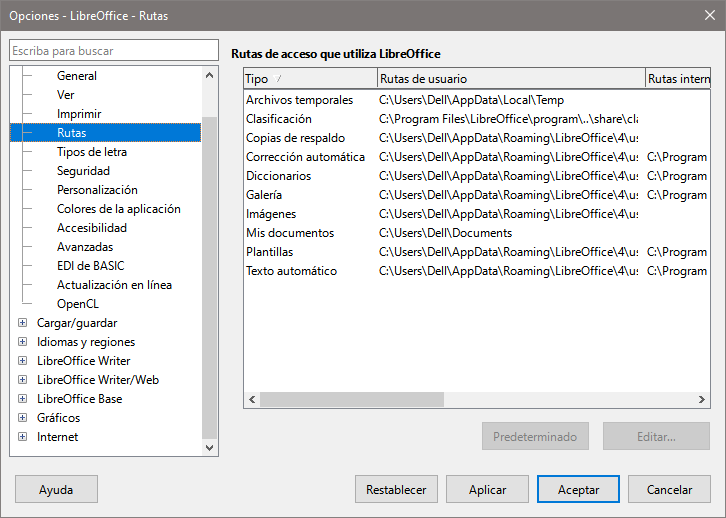 Dialogo Opciones, página LibreOffice - Rutas