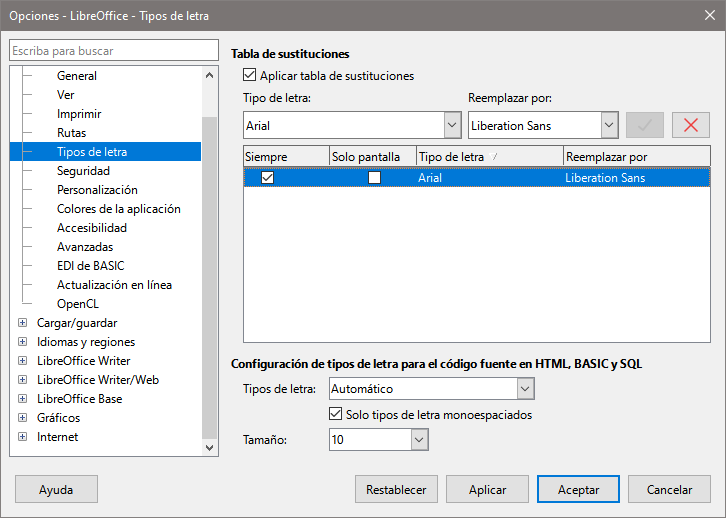 Dialogo Opciones, página LibreOffice - Tipos de letra