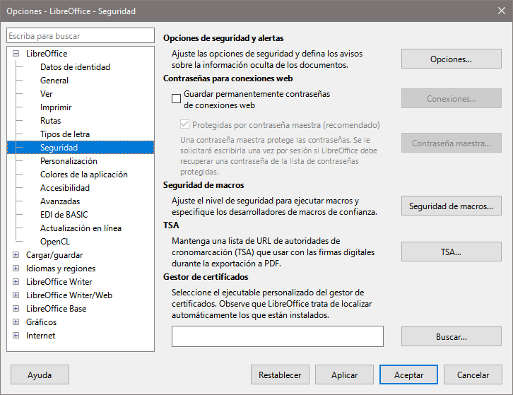 Dialogo Opciones, página LibreOffice - Seguridad