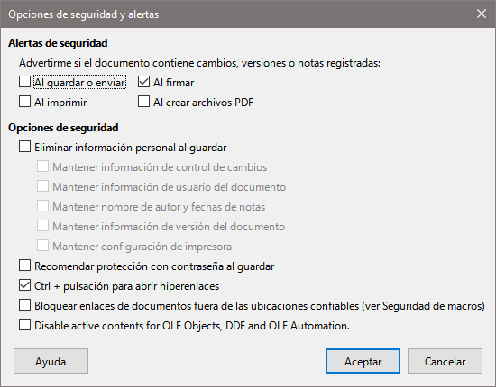 Diálogo Opciones de seguridad y alertas