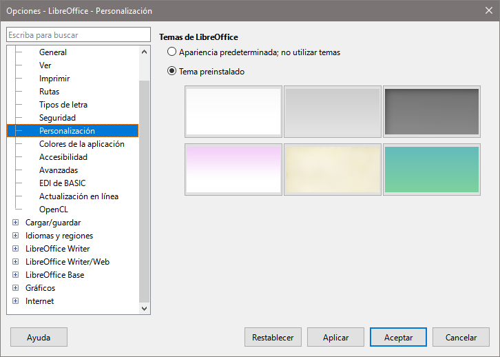 Dialogo Opciones, página LibreOffice - Personalización