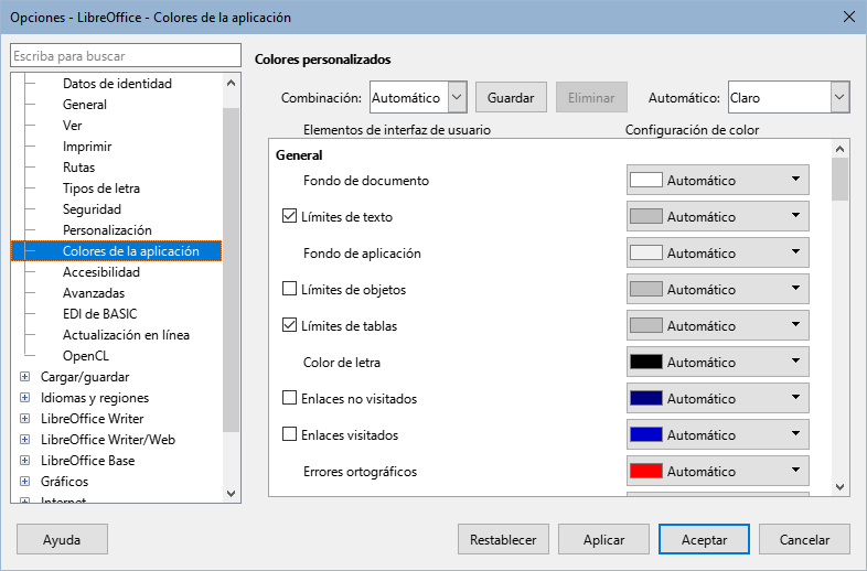 Dialogo Opciones, página LibreOffice - Colores de la aplicación