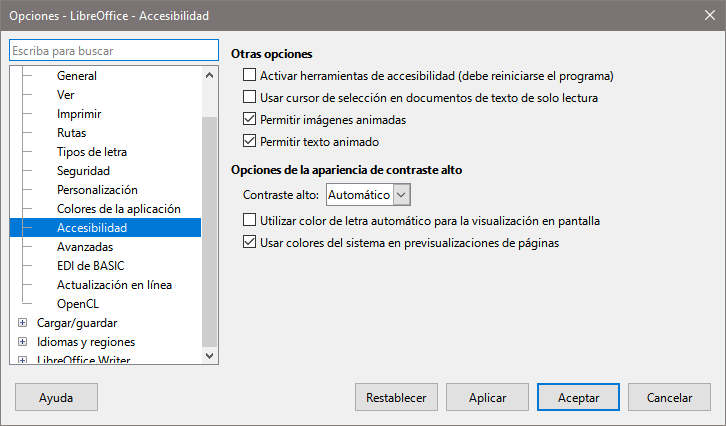 Dialogo Opciones, página LibreOffice - Accesibilidad