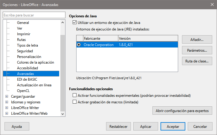 Dialogo Opciones, página LibreOffice - Avanzadas
