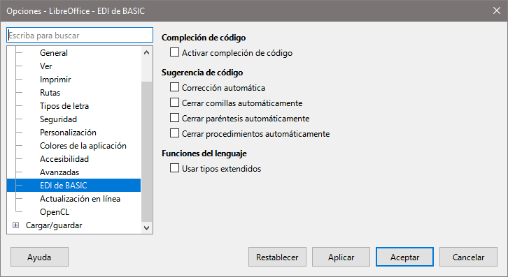 Dialogo Opciones, página LibreOffice - EDI de BASIC