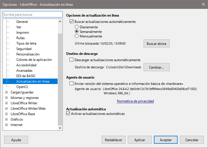 Dialogo Opciones, página LibreOffice - Actualización en línea