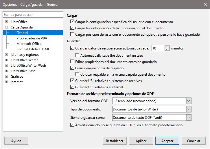 Dialogo Opciones, página Cargar/guardar - General