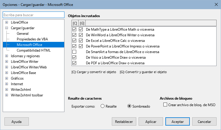 Dialogo Opciones, página Cargar/guardar - Microsoft Office