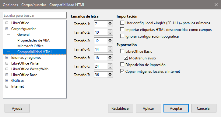 Dialogo Opciones, página Cargar/guardar - Compatibilidad HTML