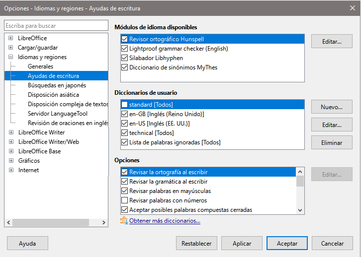 Dialogo Opciones, página Idiomas y regiones - Ayudas de escritura