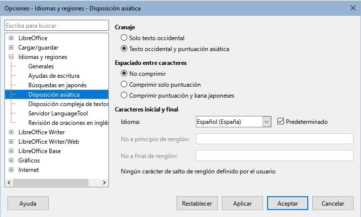 Diálogo Opciones, página Idiomas y regiones - Disposición asiática