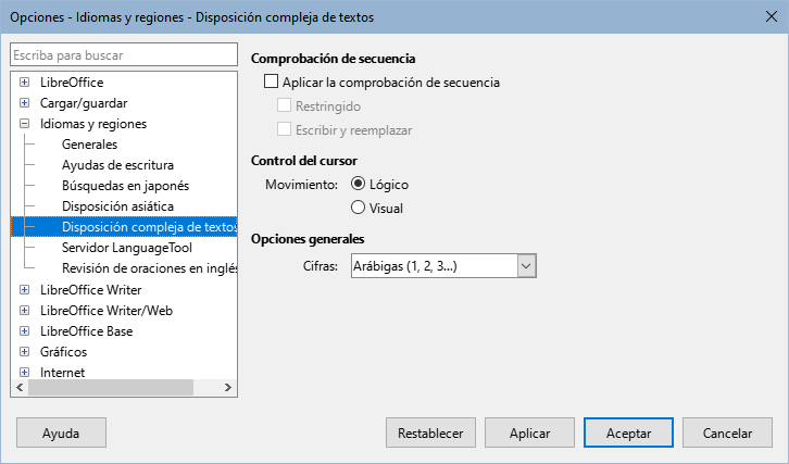 Diálogo Opciones, página Idiomas y regiones - Disposición compleja de textos