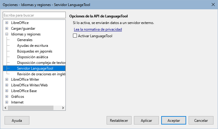 Diálogo Opciones, página Idiomas y regiones - Servidor LanguageTool