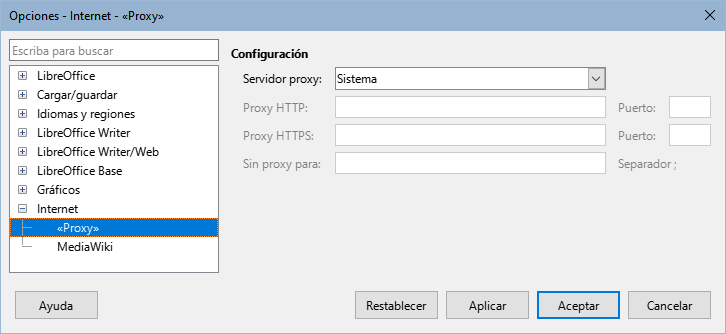 Dialogo Opciones, página Internet – Proxy