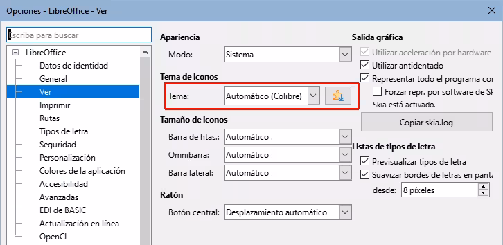 Cambiar el tema de iconos