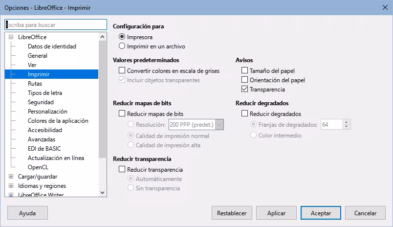Opciones generales de impresión