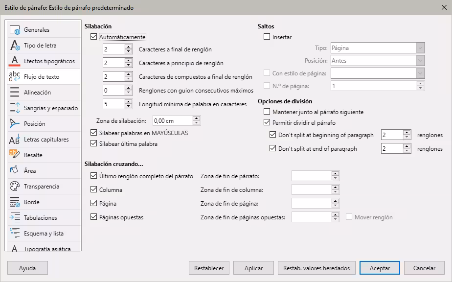 Silabación automática en un estilo de párrafo