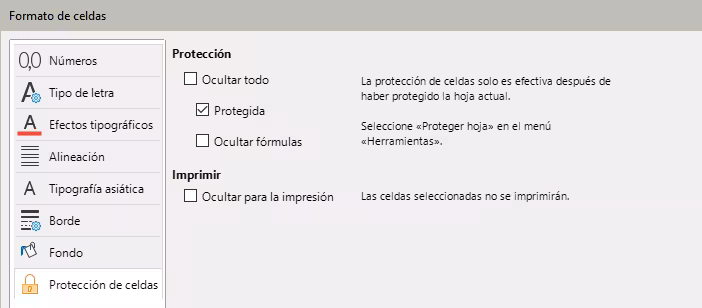 Página Protección de celda del diálogo Formato de celdas