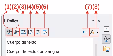 Categorías de estilos y botones de acción