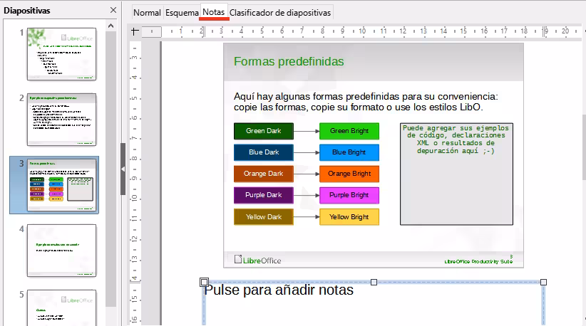 Vista de notas en el Área de trabajo