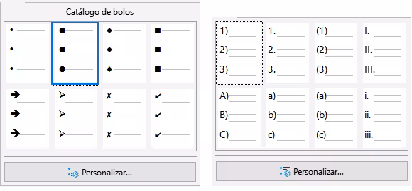 Opciones para listas: bolos (izquierda) y numeración (derecha