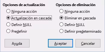Opciones de actualización y de eliminación