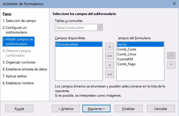 Selección de campos de un subformulario