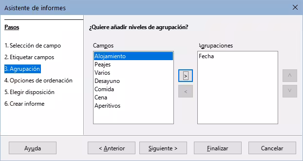 Selección de campos para agrupar datos