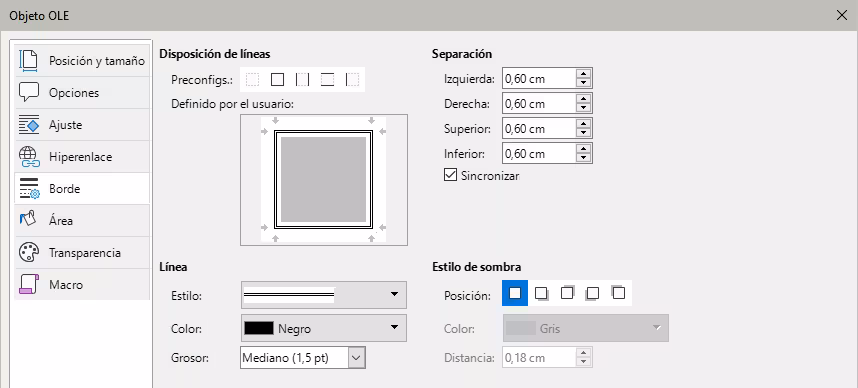 Diálogo Objeto – Página Bordes