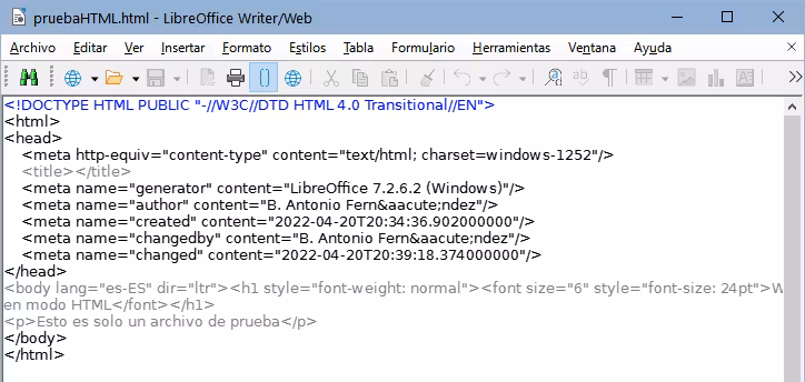 Modo de visualización Código fuente de HTML