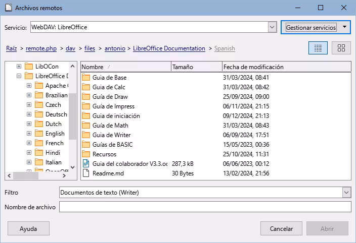 Diálogo Archivos remotos cuando está conectado a un servidor