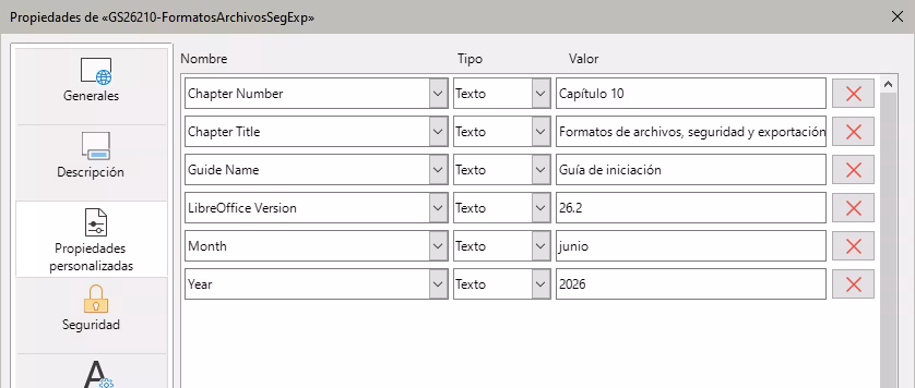 Diálogo Propiedades, Propiedades personalizadas