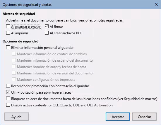 Diálogo Opciones de seguridad y alertas