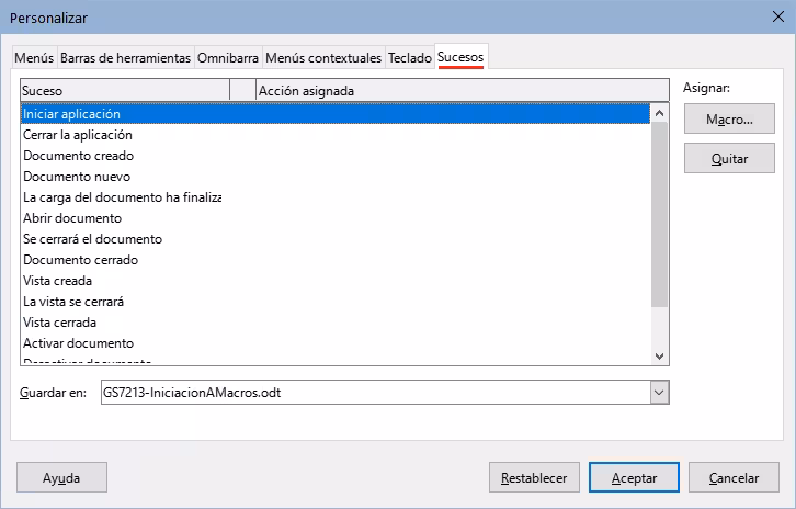 Página Sucesos en el diálogo Personalizar