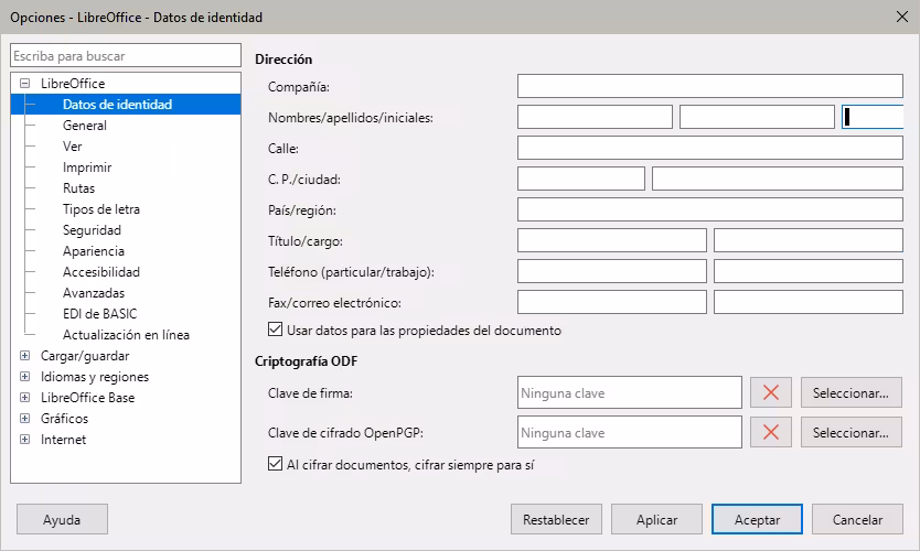 Dialogo Opciones,  página LibreOffice - Datos de identidad