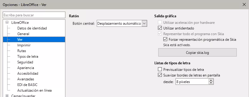 Dialogo Opciones, página LibreOffice - Ver