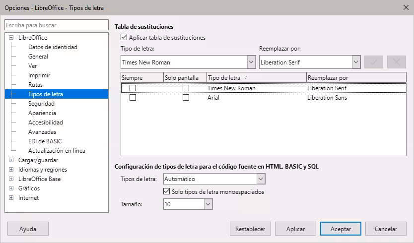 Dialogo Opciones, página LibreOffice - Tipos de letra