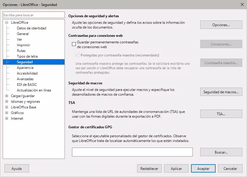 Dialogo Opciones, página LibreOffice - Seguridad
