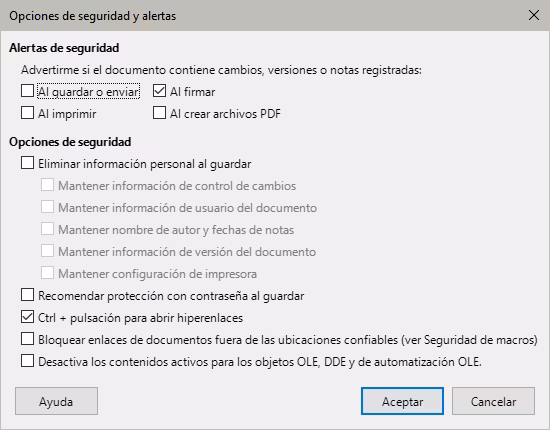 Diálogo Opciones de seguridad y alertas