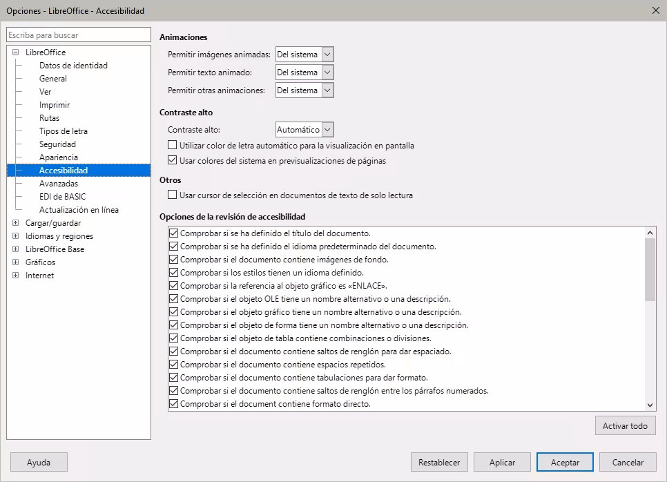 Dialogo Opciones, página LibreOffice - Accesibilidad